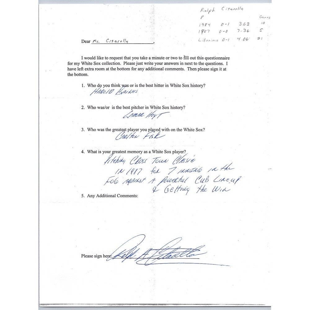 Ralph Citarella Autograph Signed White Sox Questionnaire Baseball Document